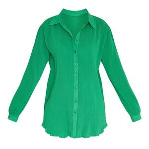 PRETTYLITTLETHING Bright Green Plisse Button Front Oversized Shirt